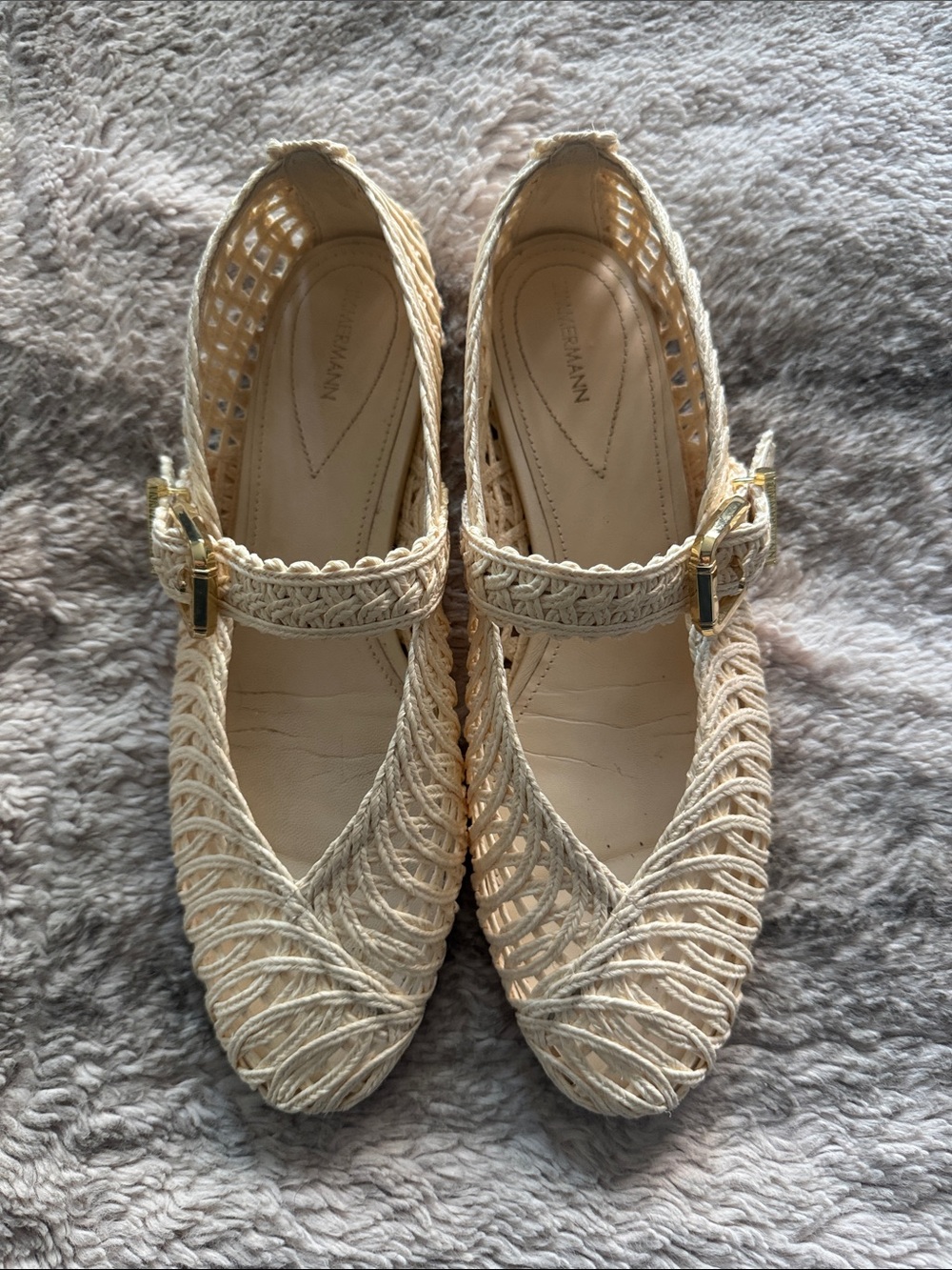 Zimmermann Cream Woven Mary Jane Flats with Gold Buckle